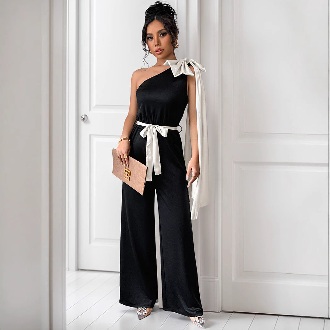 Damen eleganter Jumpsuit mit asymmetrischem Ausschnitt und dekorativem Taillengürtel EB