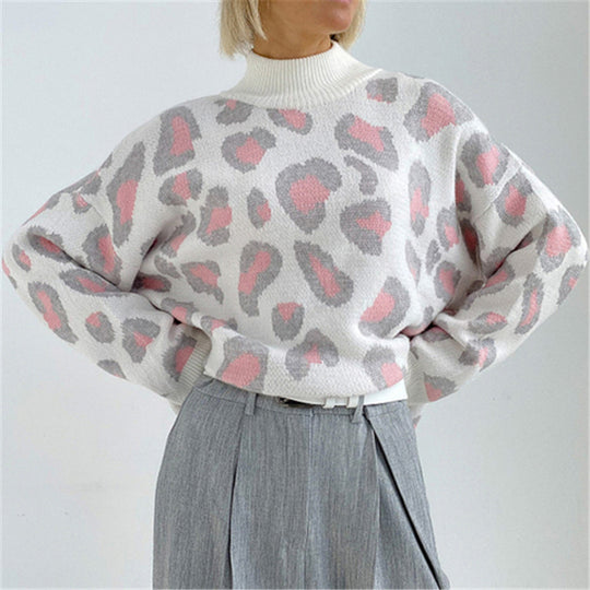 Damen Oversize Rollkragenpullover mit Leo-Jacquard und Rippbündchen EB