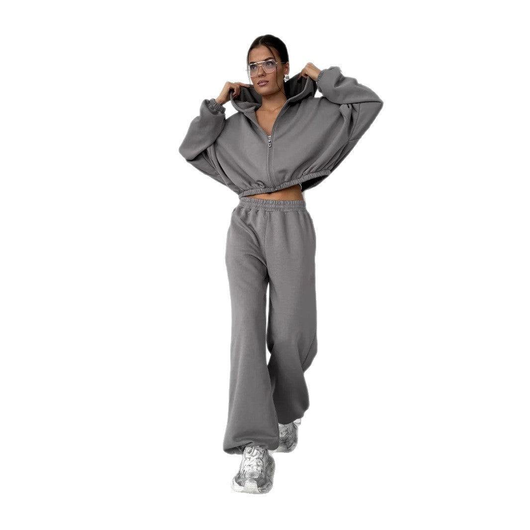 Damen Lounge-Set Cropped-Zip-Hoodie mit Oversize-Ärmeln und High-Waist Palazzo-Jogger EB