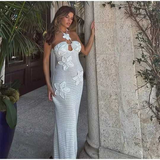Damen Strickmaxikleid mit floralem Einsatz und schulterfreiem Design EB