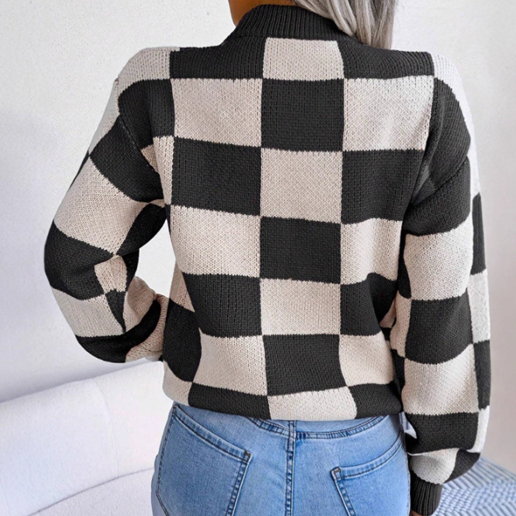 Damen Gemusterter Strickpullover mit Karomuster und modischem Rundhalsausschnitt EB