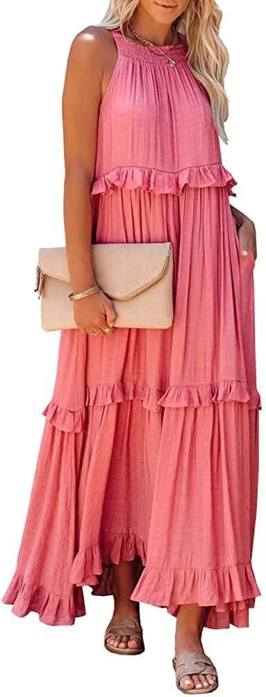 Damen Langärmeliges Maxikleid mit Rüschen und gerafftem Ausschnitt EB
