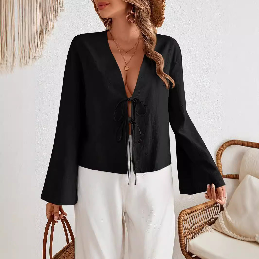 Damen lässige Bluse mit tiefem V-Ausschnitt und schnürbarem Detail EB