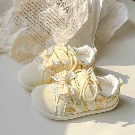 Damen Sportliche Sneakers mit verspielten Schleifendetails und kariertem Design EB