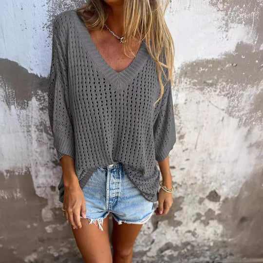 Damen nan luftig gestrickter V-Ausschnitt Pullover im Oversize-Schnitt EB