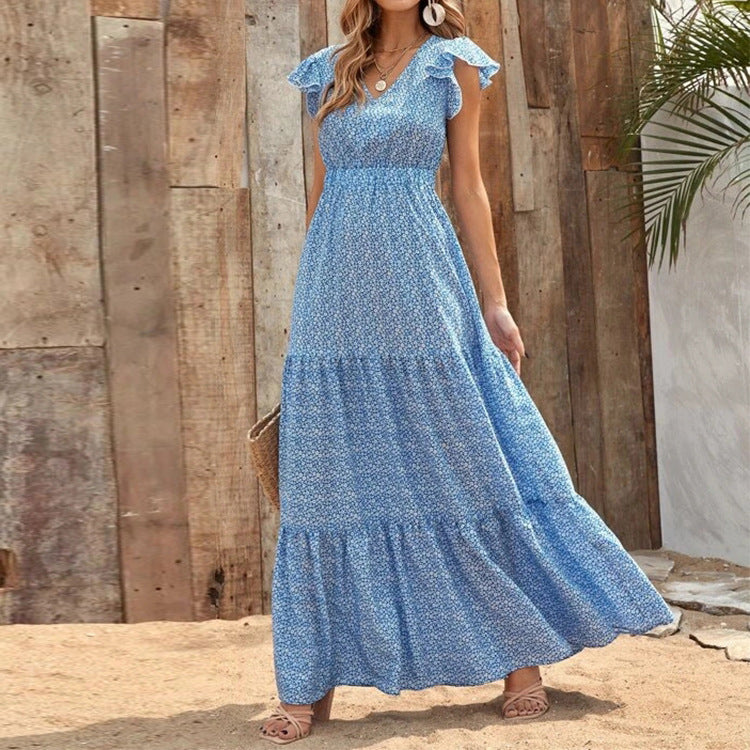 Damen Maxikleid mit V-Ausschnitt und Rüschendetails EB