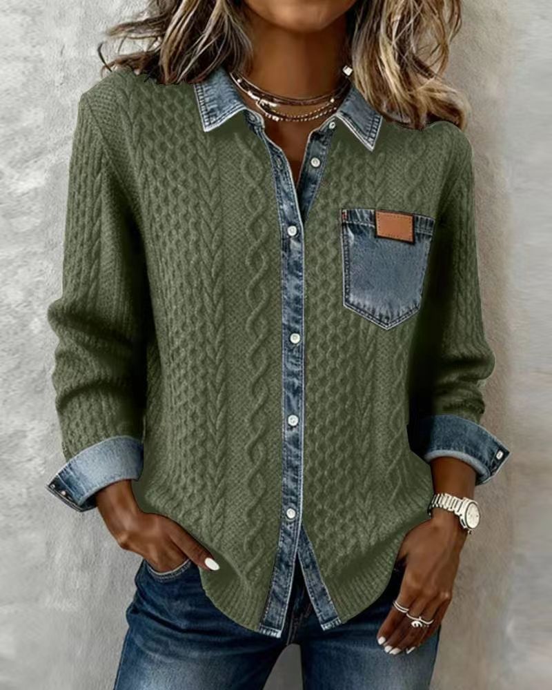 Damen nan geflochtener Strickpullover mit integriertem Jeanskragen und Brusttasche EB