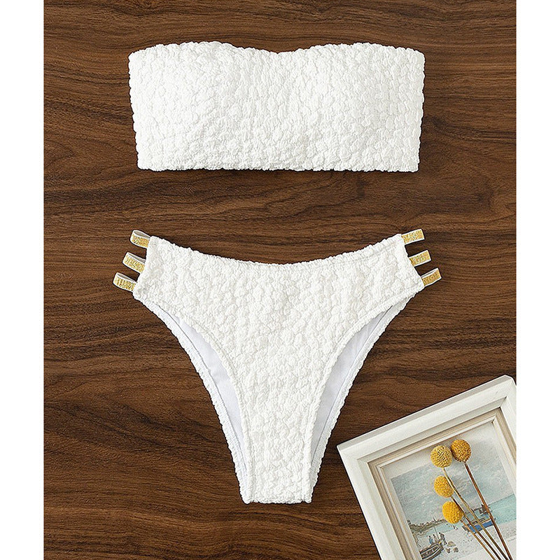 Damen Bandeau-Bikini mit dekorativen Riemen und strukturiertem Oberteil EB