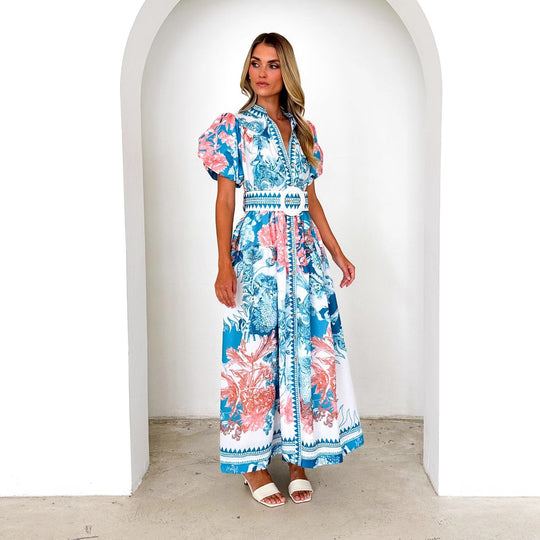 Damen Maxikleid mit voluminösen Puffärmeln und zartem Blumenmuster EB
