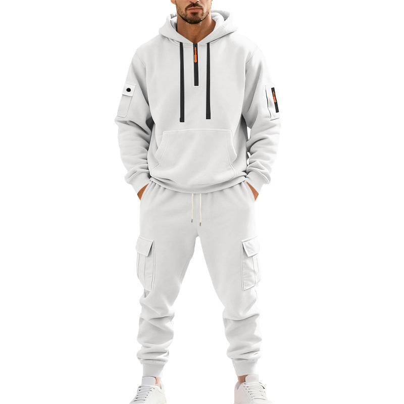 Herren nan zweiteiliges Utility-Freizeitset Hoodie mit halbhohem Reißverschluss, Ärmeltasche und Cargo-Jogginghose mit Klappentaschen EB