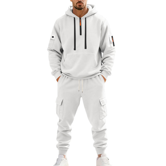 Herren nan zweiteiliges Utility-Freizeitset Hoodie mit halbhohem Reißverschluss, Ärmeltasche und Cargo-Jogginghose mit Klappentaschen EB