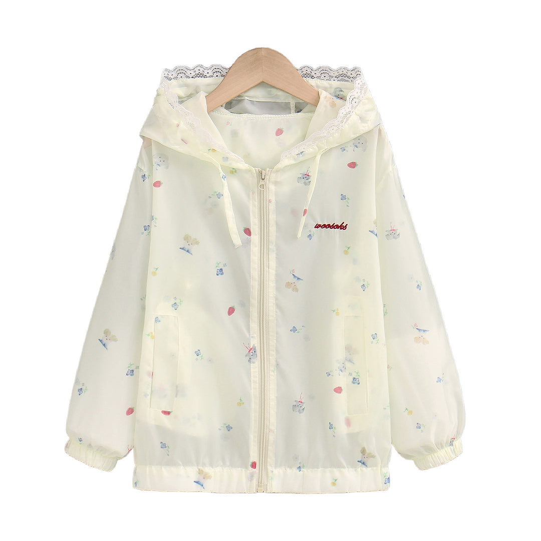Damen nan leichte Kapuzen-Sommerjacke mit Spitzenbesatz, zartem Allover-Print und Reißverschluss R&B