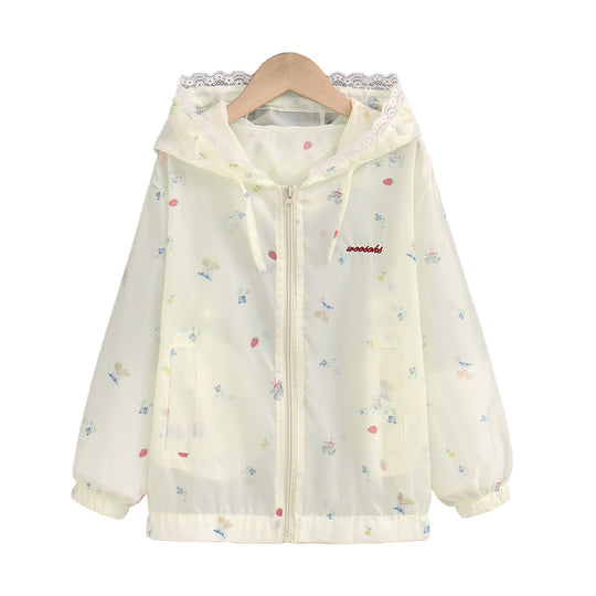Damen nan leichte Kapuzen-Sommerjacke mit Spitzenbesatz, zartem Allover-Print und Reißverschluss R&B