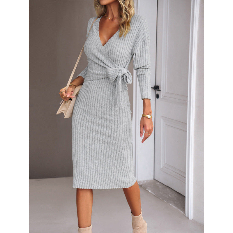 Damen Wickelkleid mit tiefem V-Ausschnitt und Taillengürtel EB