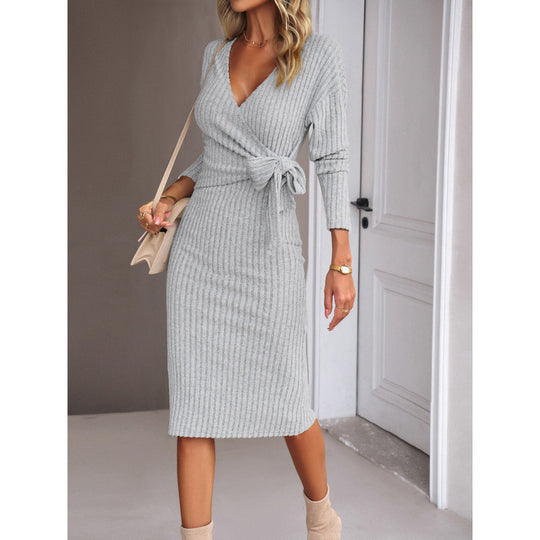 Damen Wickelkleid mit tiefem V-Ausschnitt und Taillengürtel EB