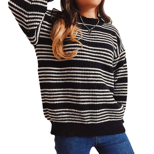 Damen lässiger Strickpullover mit breiten Streifen und überschnittenen Schultern EB