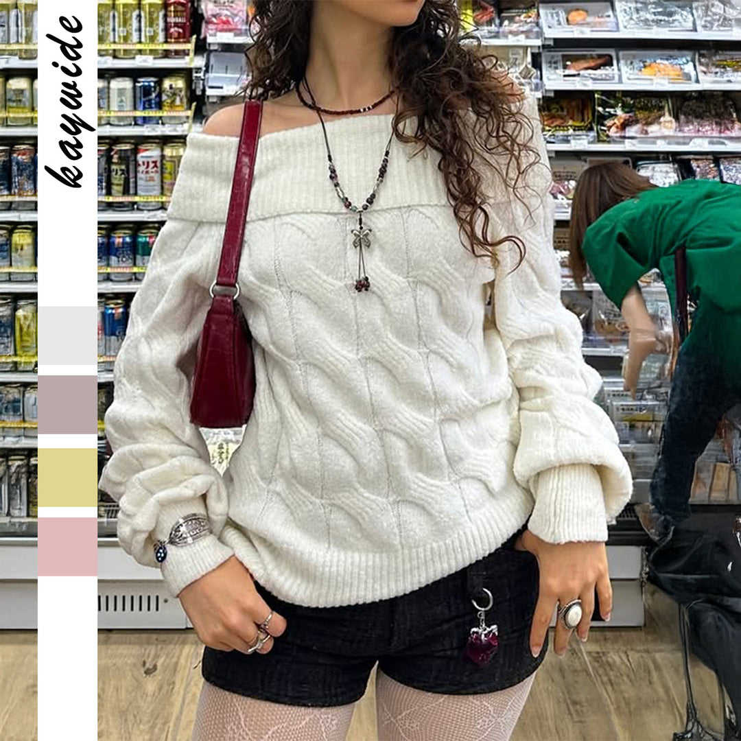 Damen nan schulterfreier Grobstrickpullover mit Zopfmuster, weitem Armaufschlag und elastischem Rippenbund EB