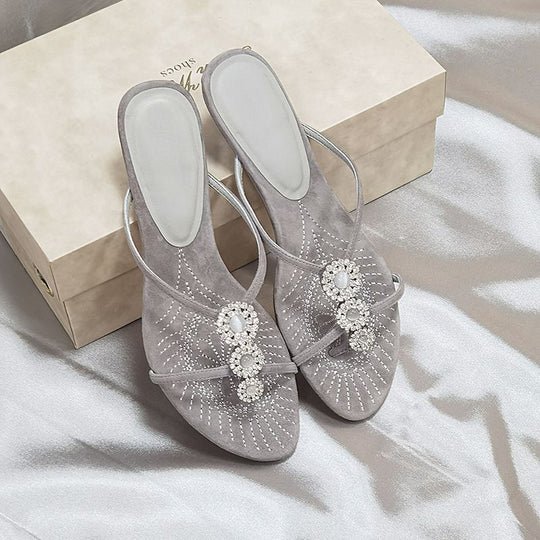 Damen elegante Slingback Sandalen mit funkelnder Perlenverzierung EB