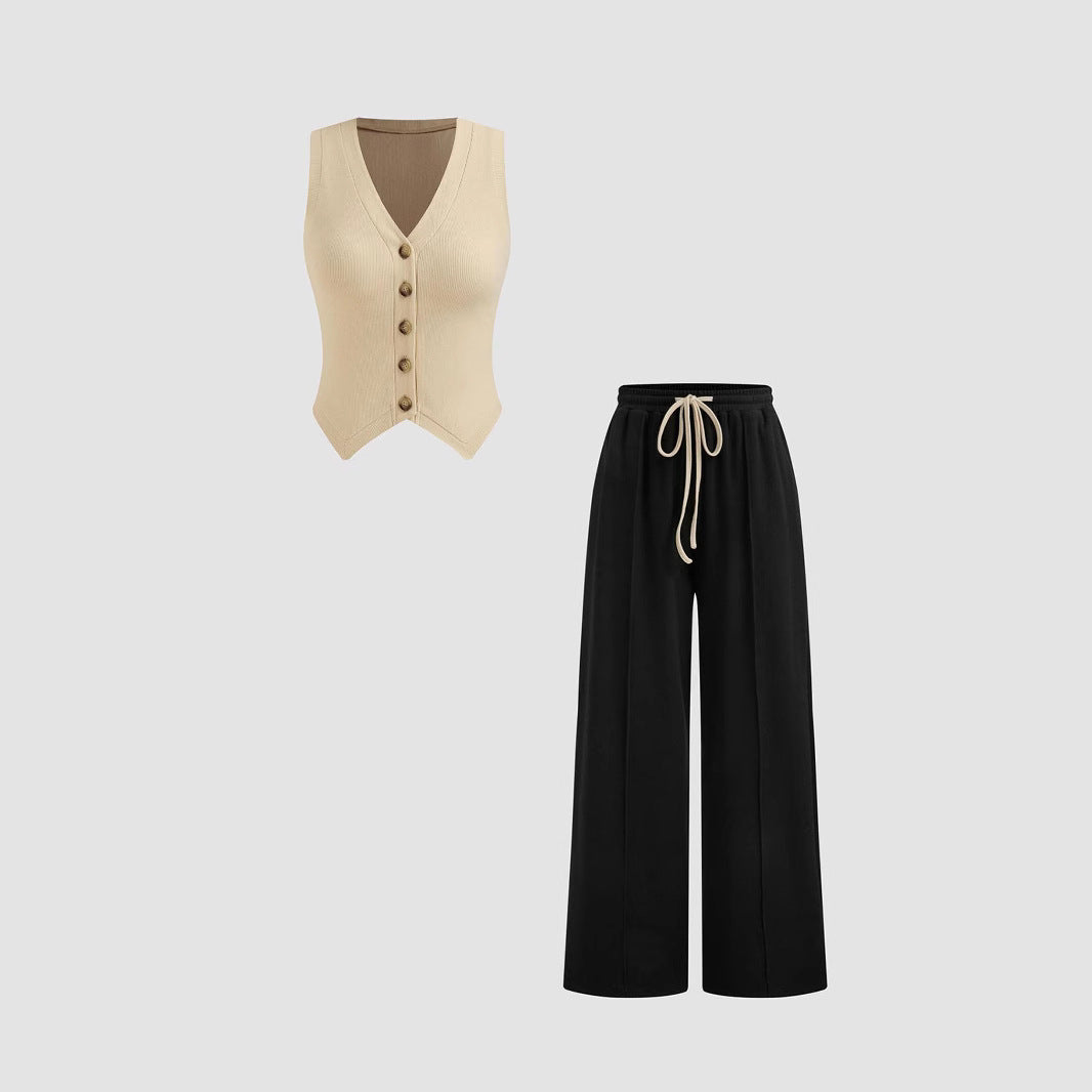 Damen lässiges Knopf-Top mit weitem Hose EB