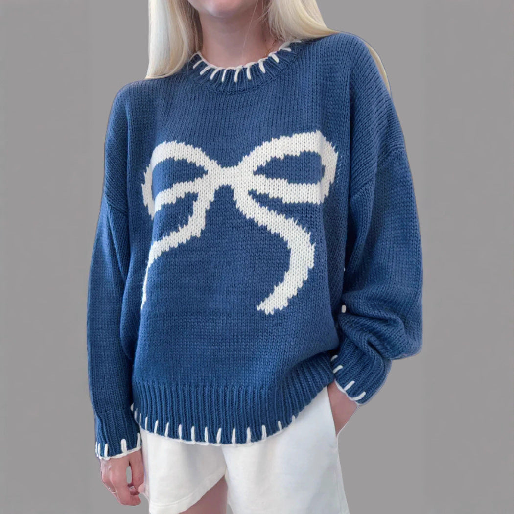 Damen lässiger Pullover mit kontrastierenden Schleifen-Detail und geripptem Saum EB