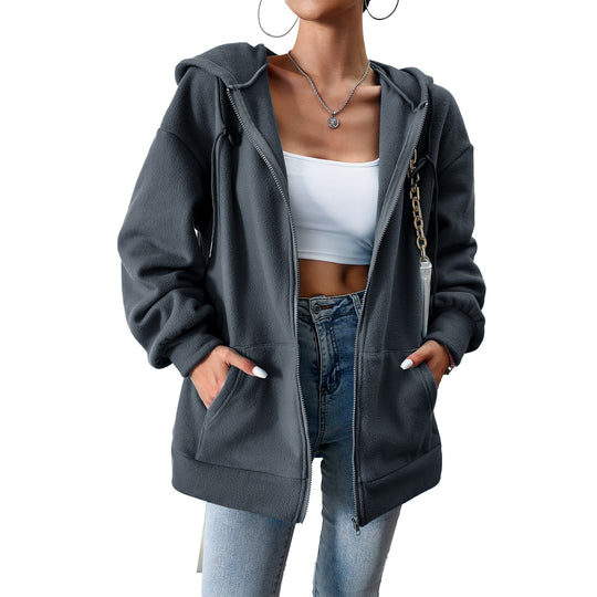 Damen nan kuscheliger Teddy-Fleece Zip-Hoodie mit Kapuze, tiefer Schulterpassform und Kängurutaschen EB