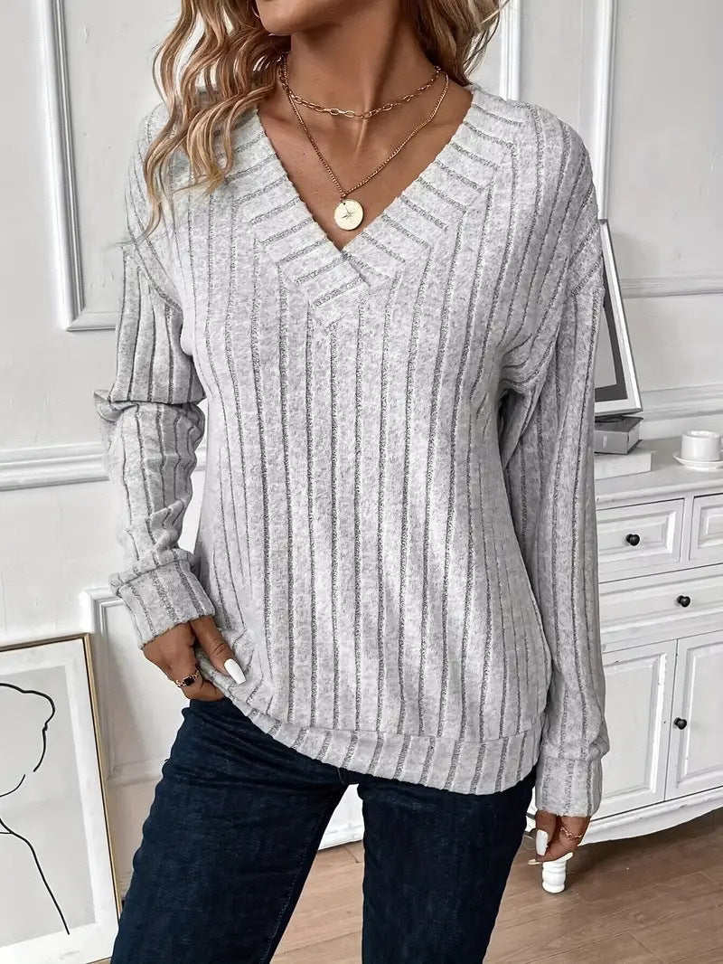 Damen V-Ausschnitt Strickpullover mit Rippenstruktur und lässigem Schnitt EB