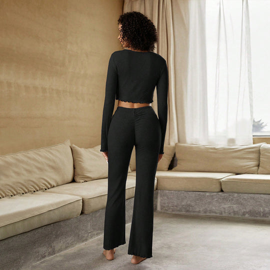 Damen geripptes Lounge-Set mit Cropped-Longsleeve und Highwaist-Leggings Eichborn Berlin