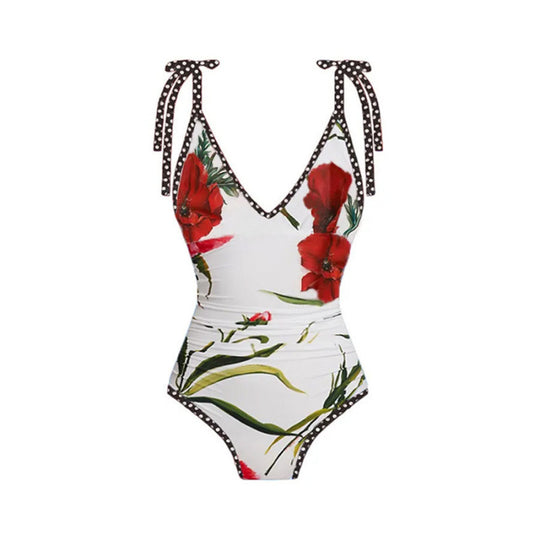 Damen Einteiler Badeanzug mit floralen Akzenten und passendem Wickelrock EB