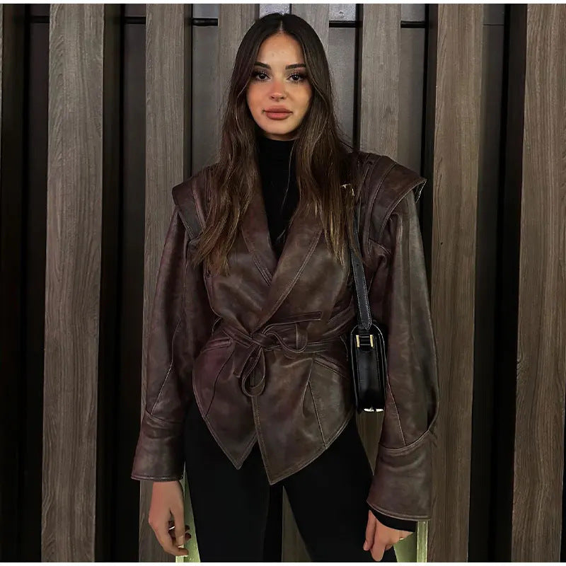 Damen modische Wildlederjacke mit tailliertem Schnitt und Bindegürtel EB