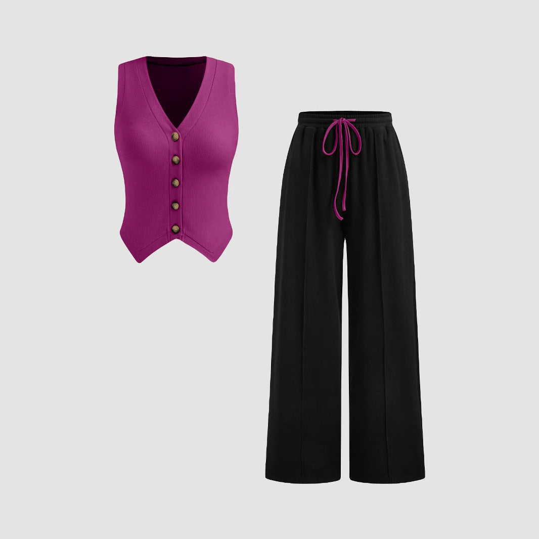 Damen lässiges Knopf-Top mit weitem Hose EB