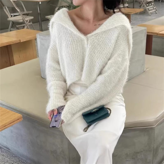 Damen lässiger Pullover mit tiefem V-Ausschnitt und strukturiertem Maschenmuster EB