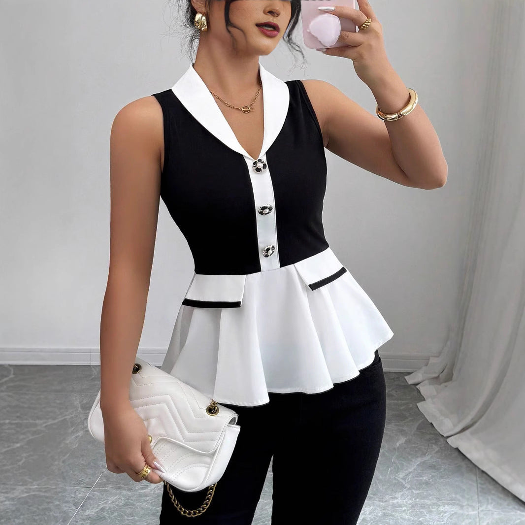 Damen Elegantes Peplum-Oberteil mit Kragen und Knopfdetaillierung EB