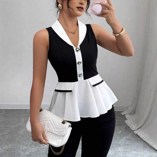 Damen Elegantes Peplum-Oberteil mit Kragen und Knopfdetaillierung EB
