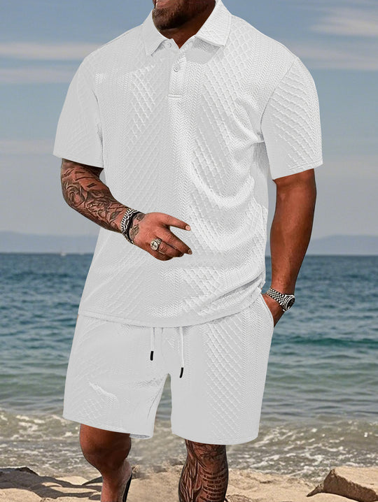 Herren nan geprägtes Strand-Ensemble mit offenem Kurzarm-Hemd und Kordel-Bermuda EB