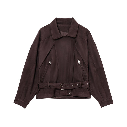 Damen elegante Wildlederjacke mit funktionalen Reißverschlüssen und Taillengürtel EB
