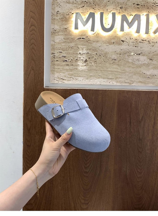 Damen bequeme Clogs mit dekorativem Schnallenverschluss und hochwertigem Veloursleder EB