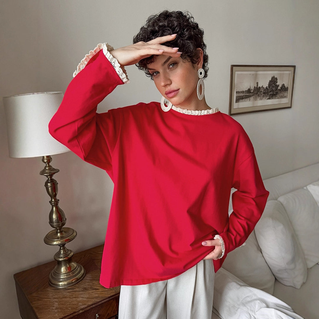 Damen eleganter Oversized-Pullover mit Rüschenärmeln EB