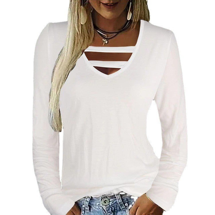 Damen Figurumspielendes V‑Ausschnitt‑Longsleeve mit dekorativen Dekolleté‑Bändern EB