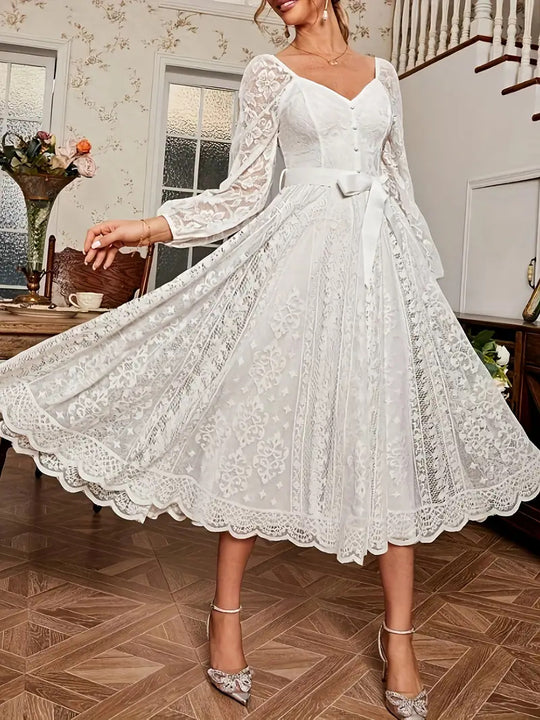 Damen Elegantes Spitze Midi-Kleid mit puffärmel und Taillenbindung EB