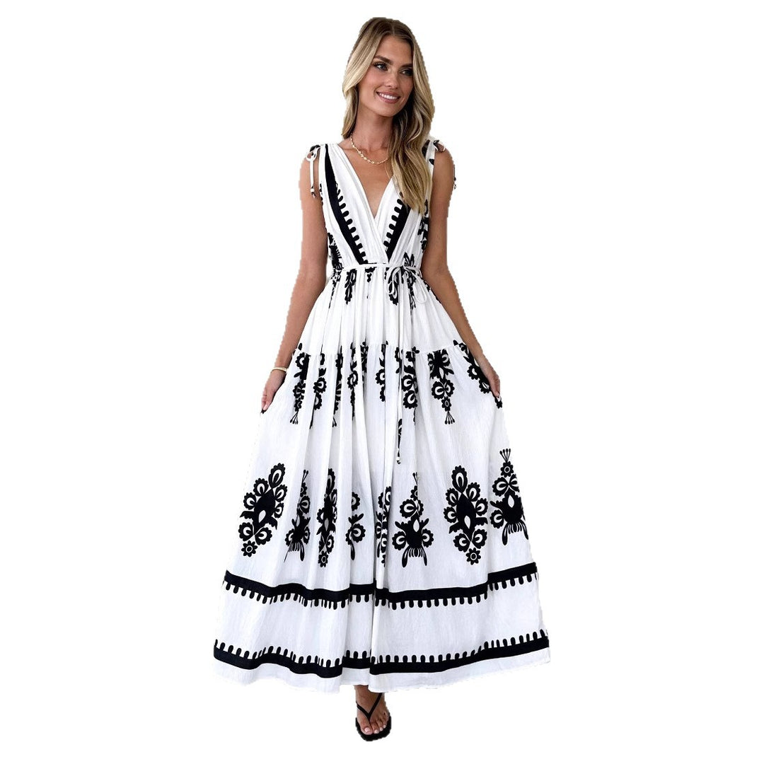 Damen Maxikleid mit kunstvollem geometrischen Muster und elegantem V-Ausschnitt EB