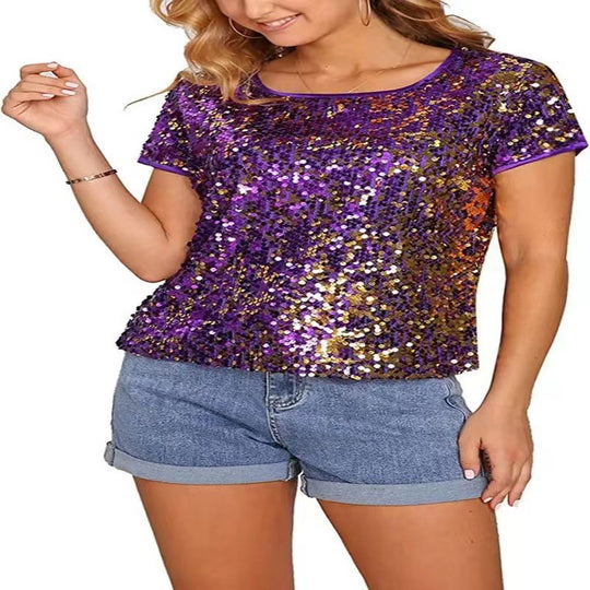 Damen Glitzerndes Pailletten T-Shirt mit lässigem Schnitt und komfortablem Baumwollmaterial EB