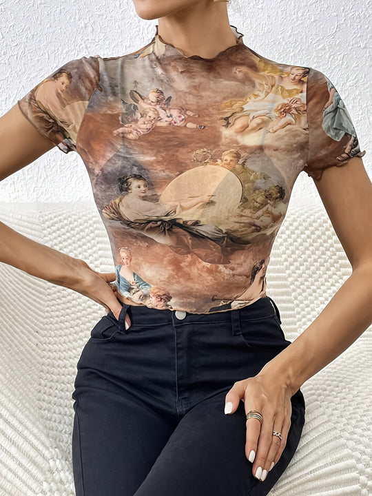 Damen nan figurnahes transparentes Mesh-Top mit barockem Engeldruck, Stehkragen und Kräuselsaum EB