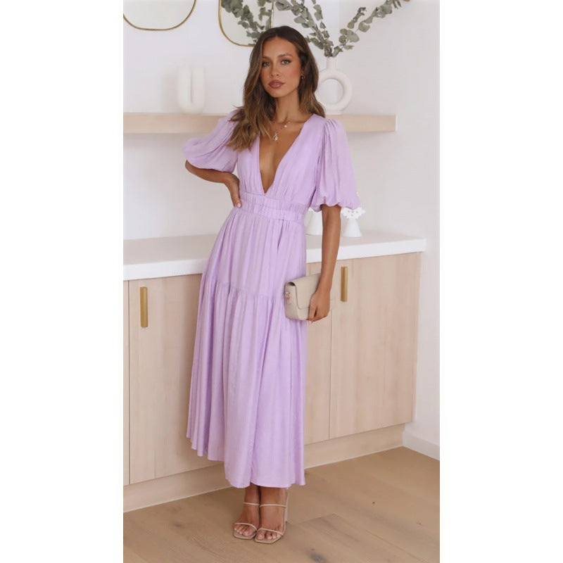 Damen Midi-Kleid mit Puffärmeln und tiefem V-Ausschnitt EB