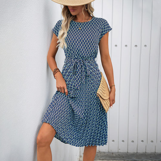 Damen Midi Sommerkleid mit bindbarem Taillengürtel und grafischem Muster EB