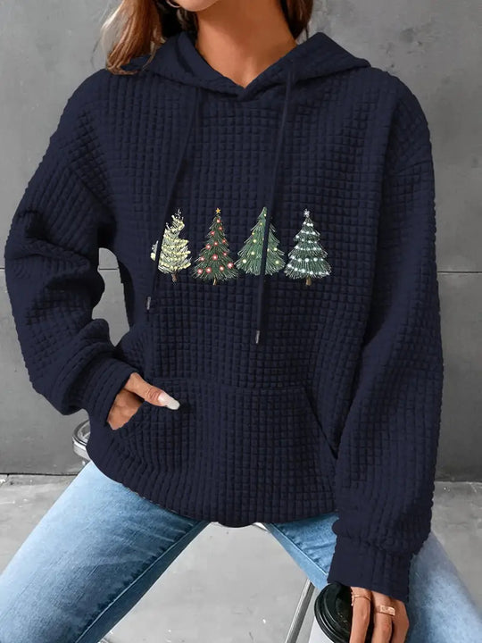 Damen Waffel-Pullover mit übergroßer Kapuze und festlichem Baumdesign EB