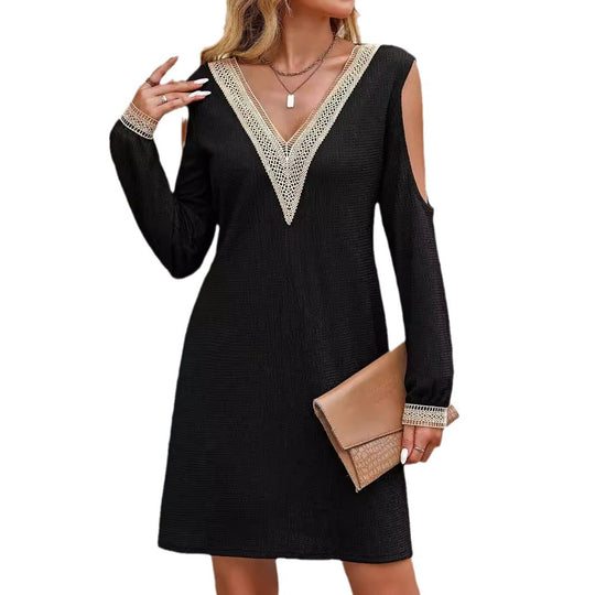 Damen Elegantes Langarmkleid mit tiefem V-Ausschnitt und offenen Schultern EB
