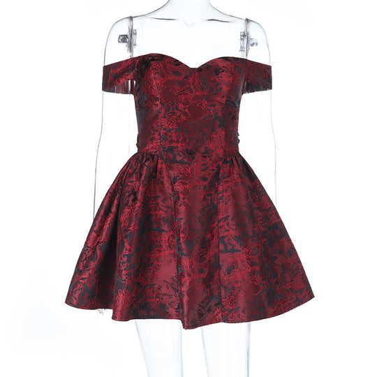 Damen schulterfreies Cocktailkleid mit Blumenmuster und voluminösem Rock EB