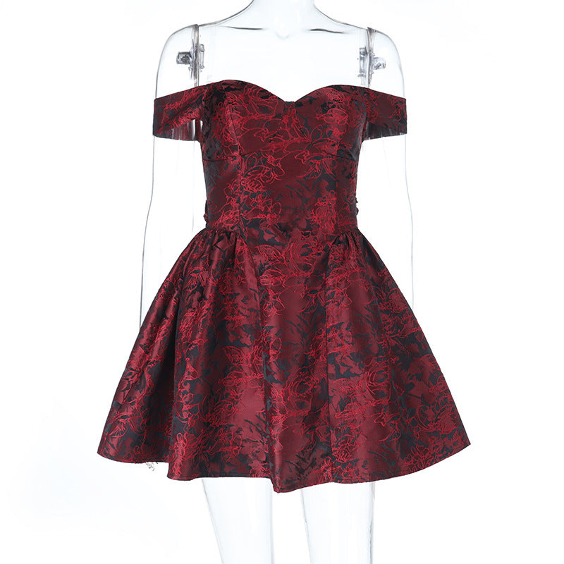 Damen Off-Shoulder Cocktailkleid mit floralem Jacquard-Muster EB