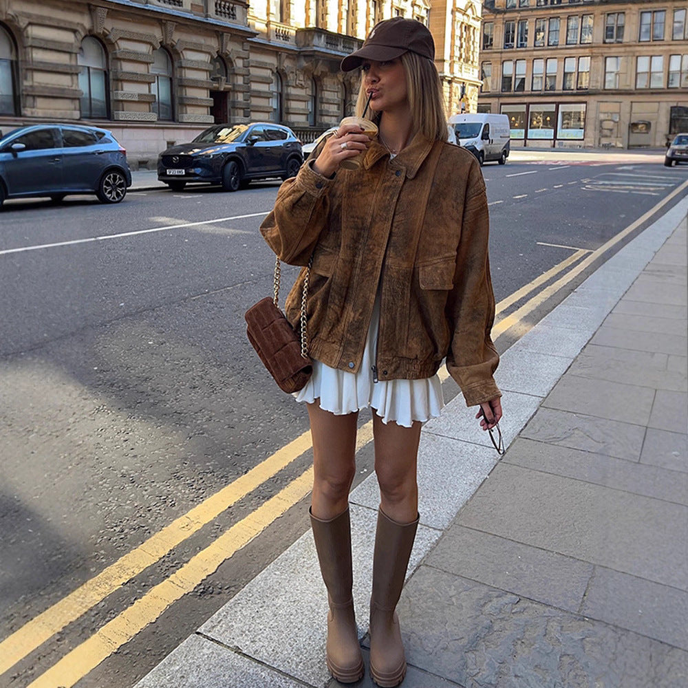 Damen Oversized Wildlederjacke mit großen Taschen und lässigem Schnitt EB