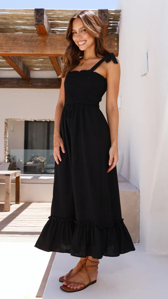 Damen Maxikleid mit verspieltem Rüschensaum und elastischem Oberteil EB